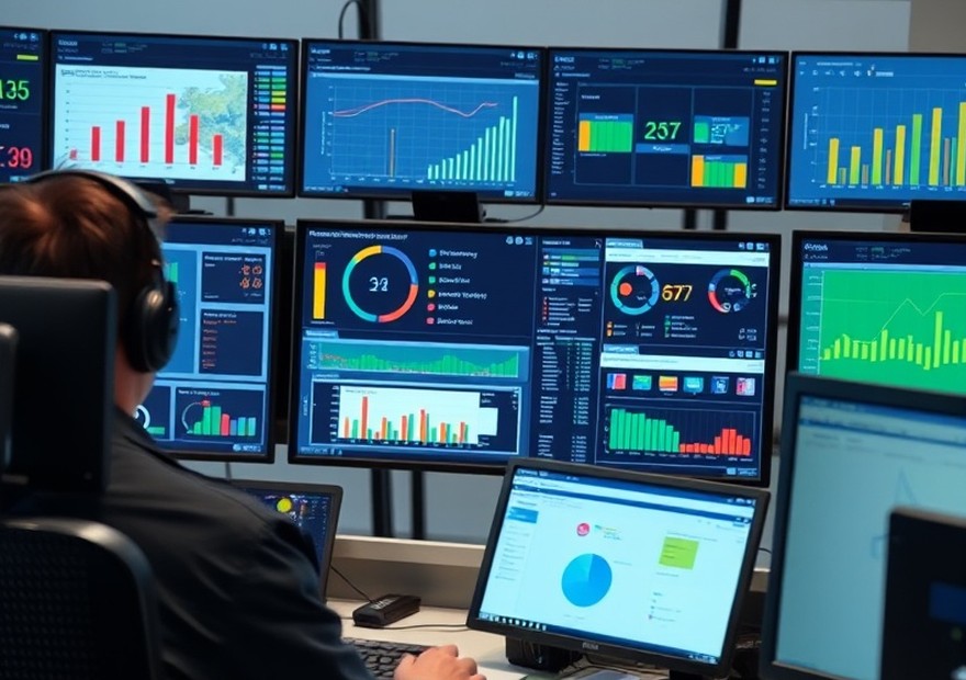Monitoring centre showing the status of a terminal fleet