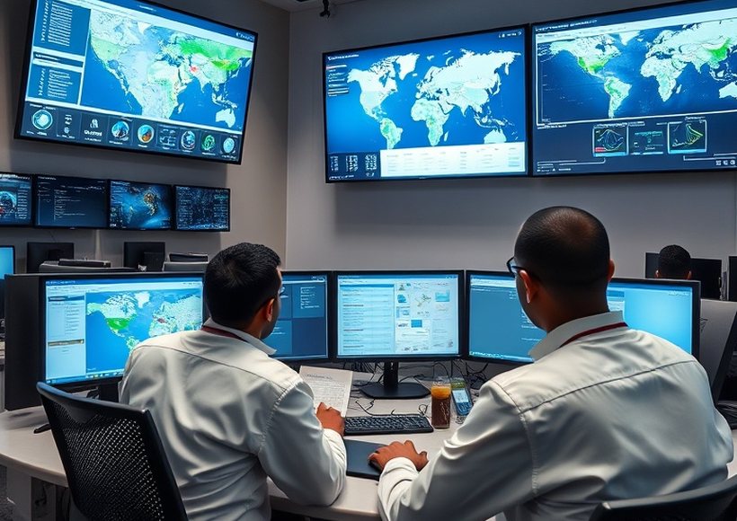 Monitoring centre showing the status of a terminal fleet